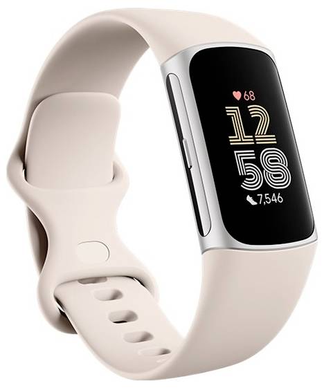 Béžový fitness tracker s displejom zobrazujúcim čas '12:58', srdcový tep '68' a počet krokov '7 546'.