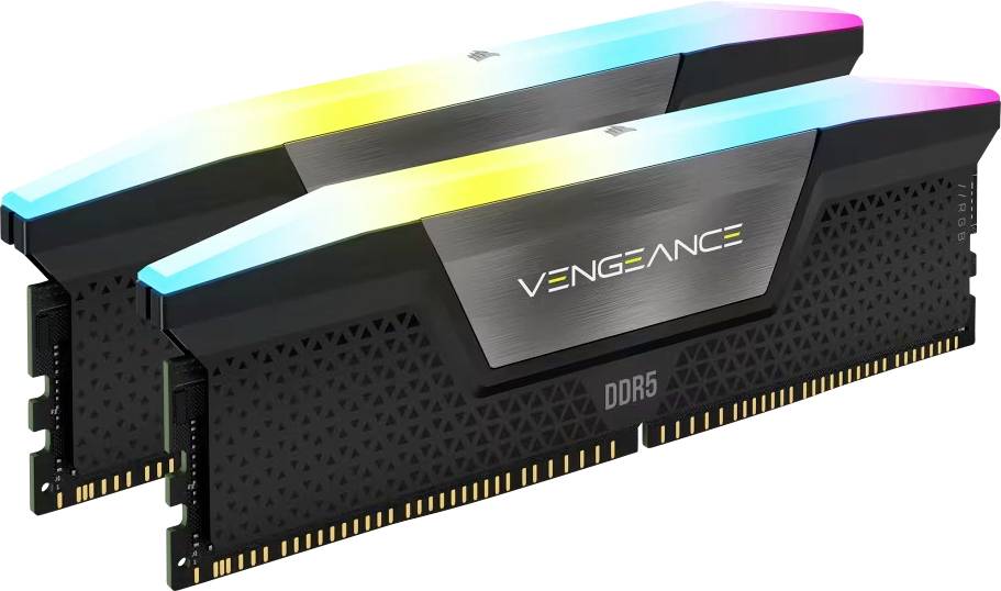 Dva moduly operačnej pamäte Corsair Vengeance DDR5 s RGB podsvietením, vyznačujúce sa elegantným čiernym a kovovým dizajnom.