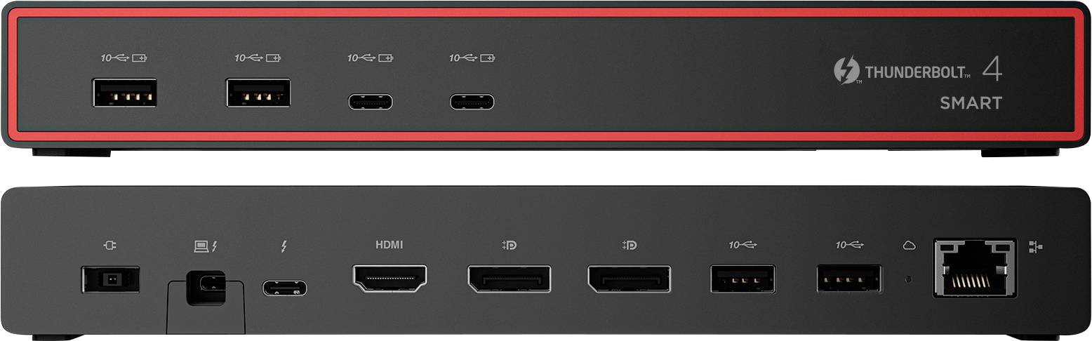 Dokovacia stanica Thunderbolt 4 s viacerými portami vrátane USB-A, USB-C, HDMI, DisplayPort, Ethernet a vstupom pre napájanie.