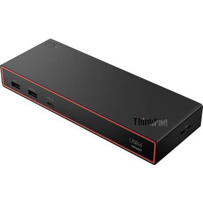 Čierny ThinkPad USB4 inteligentný dock so štandardnými portami na prednej a bočnej strane, navrhnutý pre pripájanie rôznych zariadení a periférnych komponentov.
