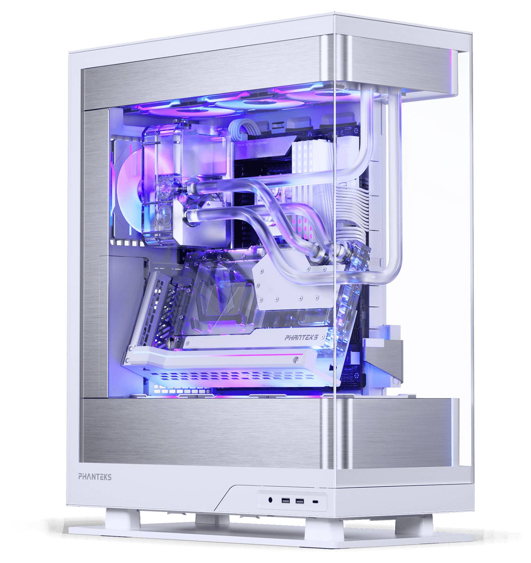 Elegantný biely stolový počítač s priehľadným bočným panelom, ktorý odhaľuje kvapalinové chladenie a farebné LED svetlá, navrhnutý spoločnosťou Phanteks.