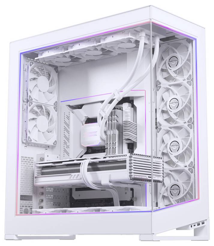 Biely herný PC skrinka s priehľadnou bočnou stranou, ktorá odhaľuje RGB podsvietenie, viaceré chladiace ventilátory a pokročilé vnútorné komponenty.