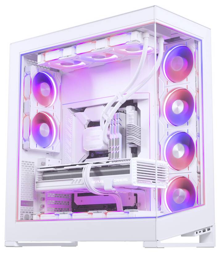 Biela počítačová skrinka s priesvitným bočným panelom, ktorý odhaľuje dva veľké ventilátory s ružovým a fialovým osvetlením a RGB podsvietenými komponentmi vo vnútri.