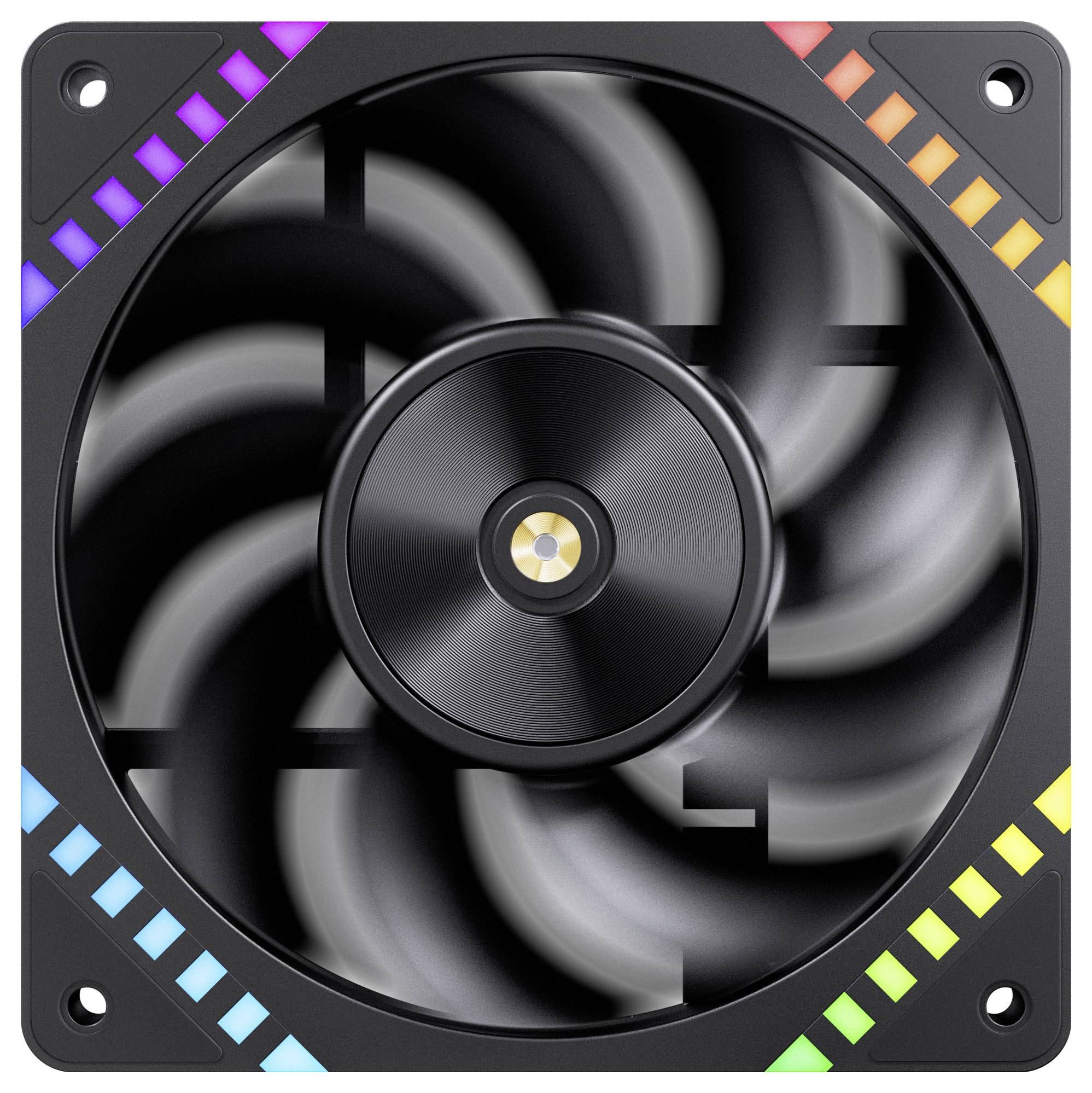 Počítačový chladiaci ventilátor s RGB podsvietením, ktorý disponuje viacfarebným rámom, navrhnutý pre efektívne prúdenie vzduchu vo vnútri počítača.