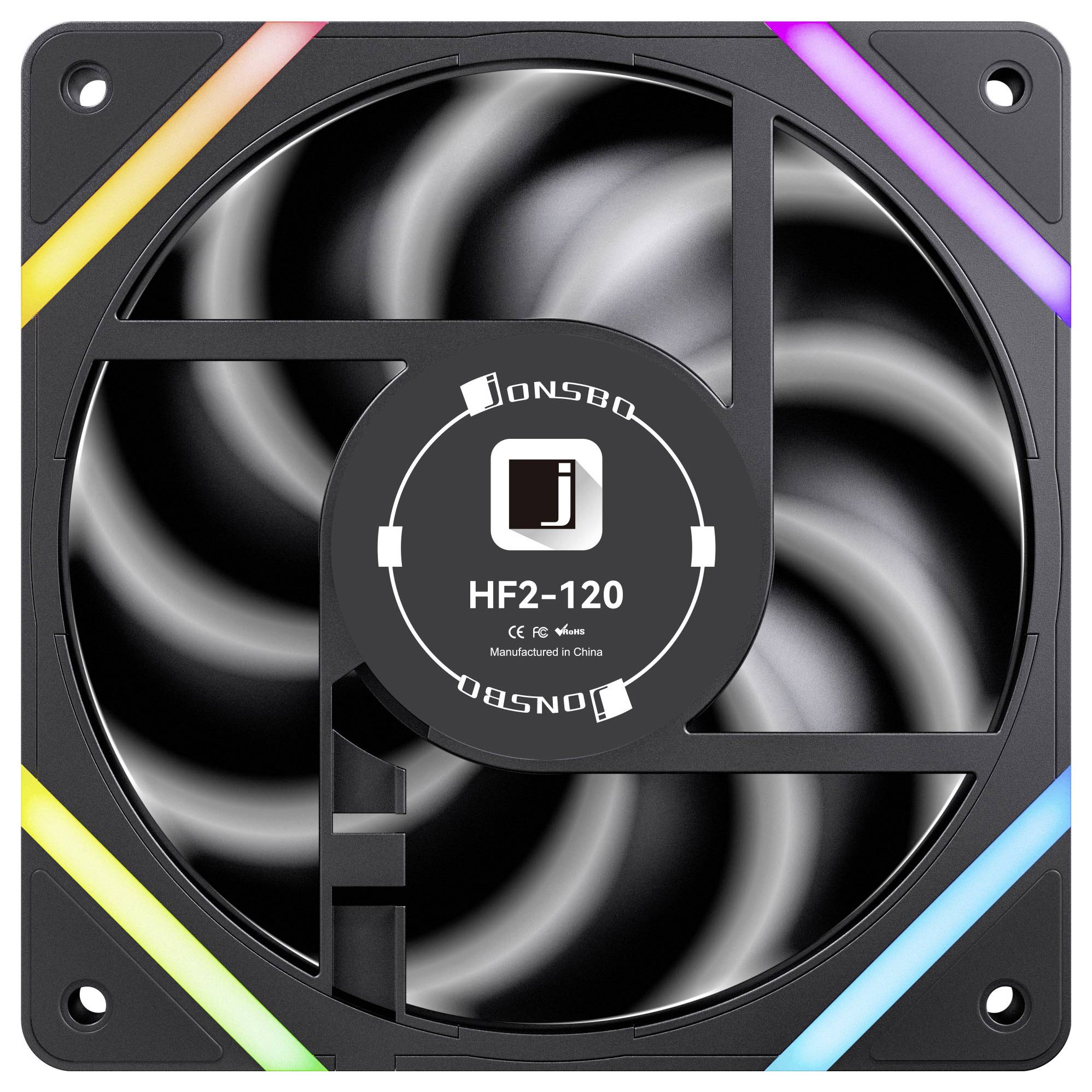 RGB podsvietený počítačový ventilátor, označený ako 'HF2-120', navrhnutý spoločnosťou Jonsbo. Čierny rám obklopuje otáčajúce sa lopatky, pričom prezentuje dúhové LED pásiky.