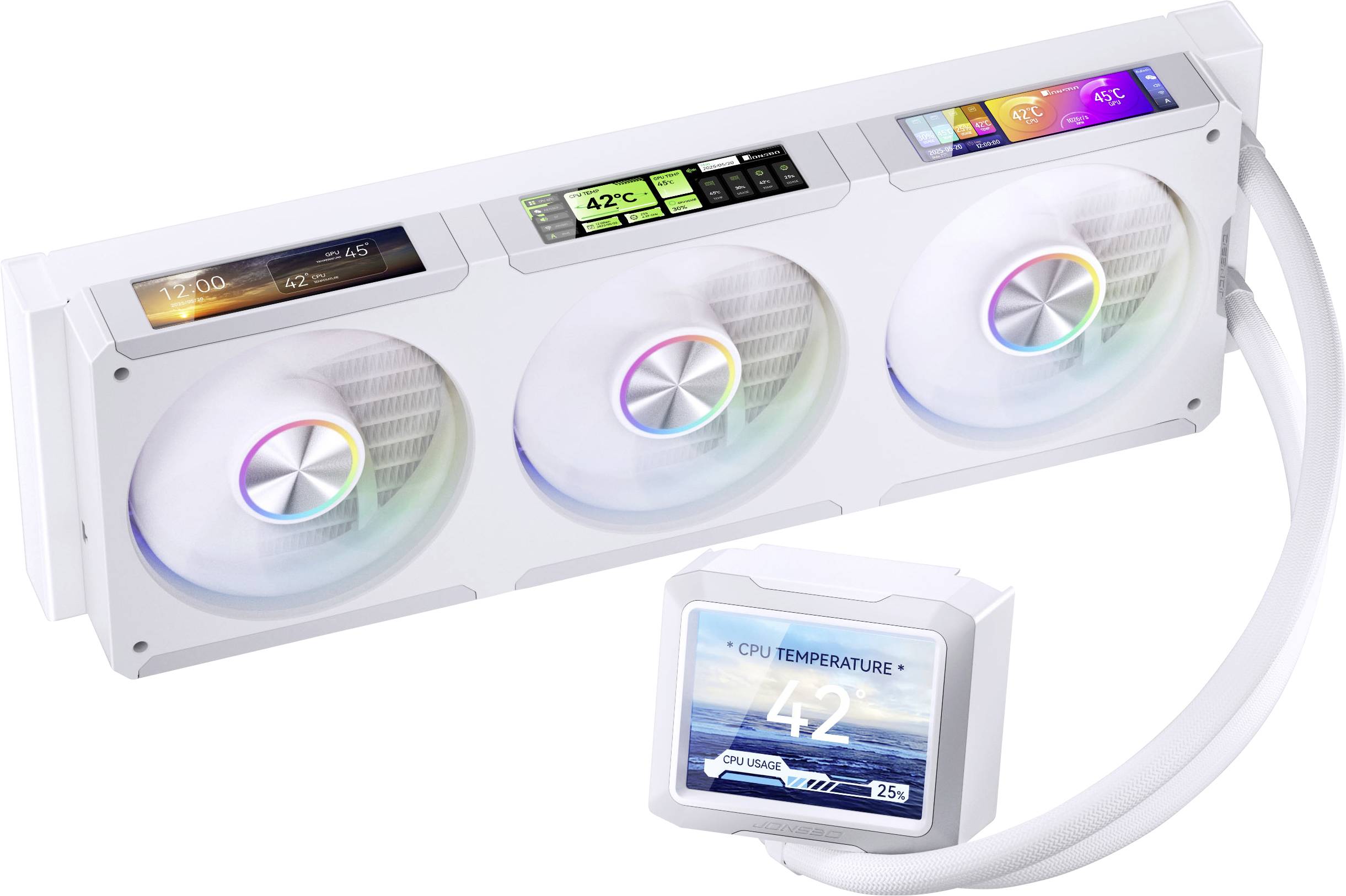 Biely počítačový chladiaci systém s tromi kruhovými ventilátormi, každý s RGB osvetlením. Displej ukazuje „Teplota CPU 42°C" a nastavenia.