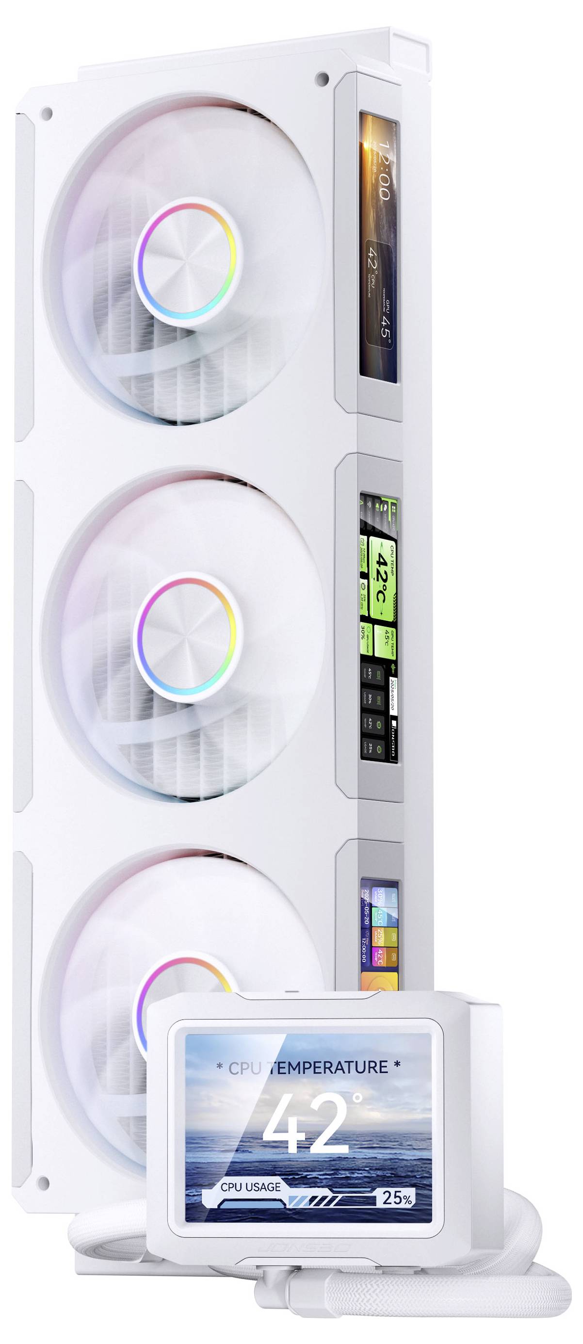 Tri RGB chladiace ventilátory s digitálnym displejom zobrazujúcim teplotu „42", umiestnené vertikálne.