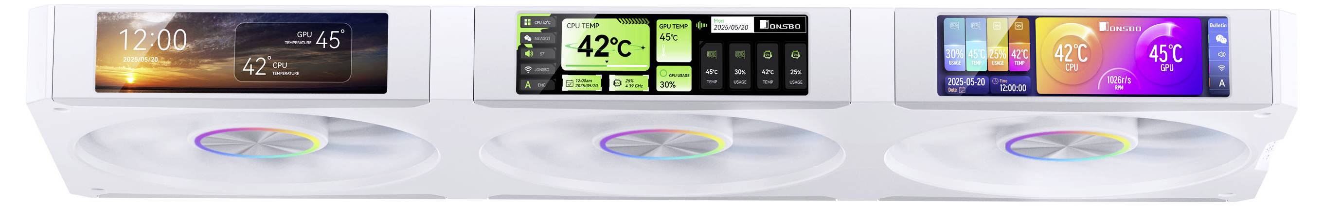 Séria troch digitálnych displejov ventilátorov zobrazujúcich informácie o teplote a počasí. Každý displej má pod sebou jasne osvetlený ventilátor.
