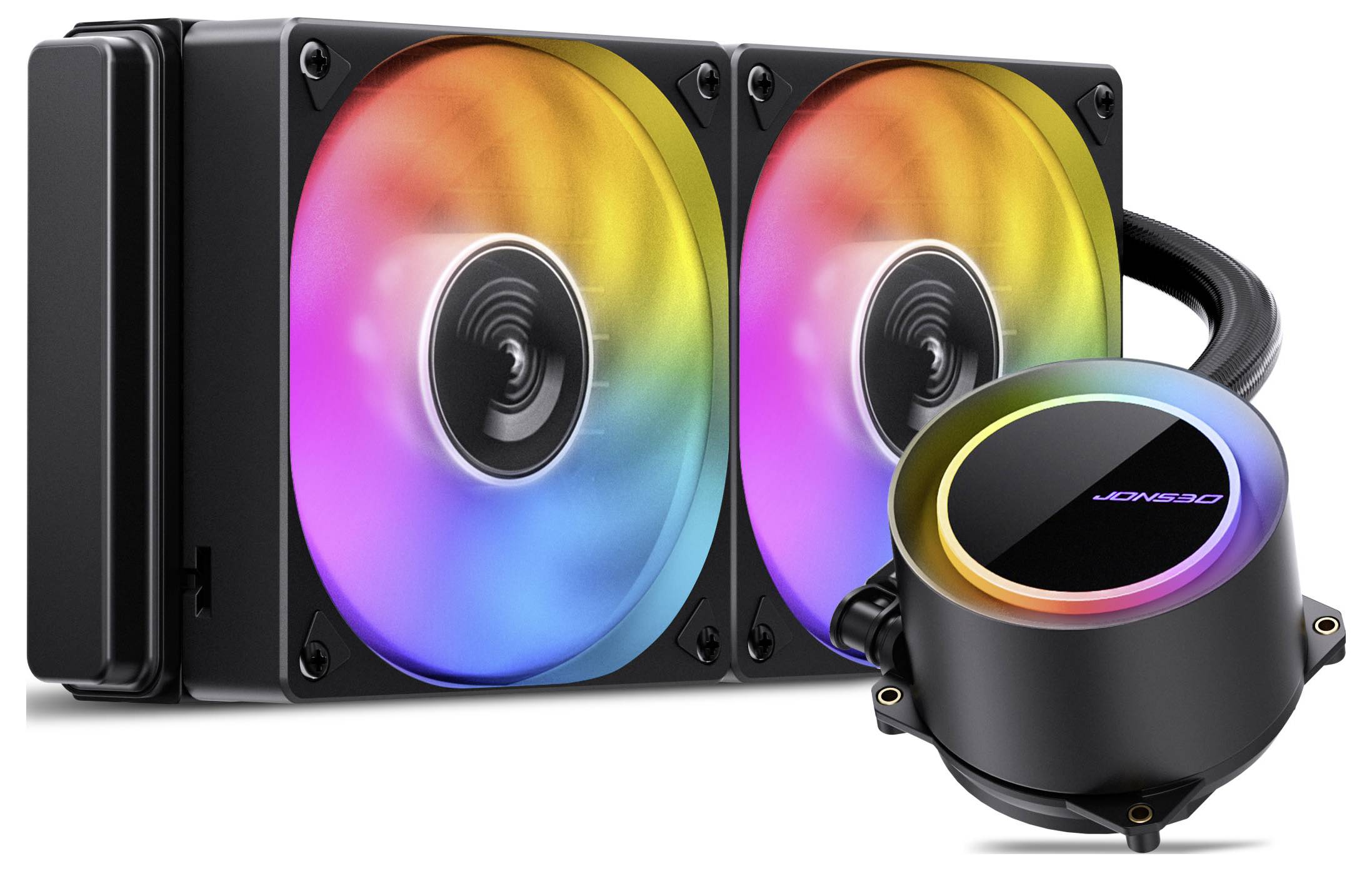 Kvapalinový chladič s duálnymi RGB ventilátormi a označeným vodným blokom, vhodný pre chladiace systémy počítačov, poskytujúci živý farebný displej a efektívne chladenie.