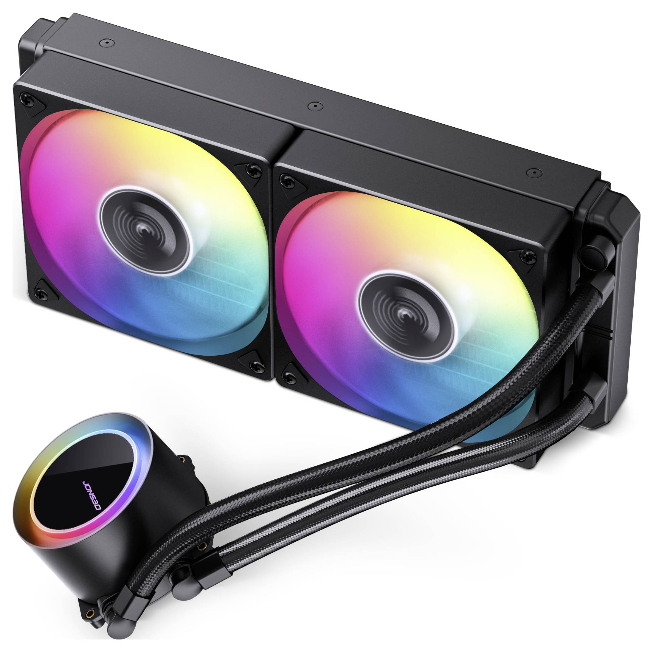 240mm kvapalinový chladič CPU s dvoma RGB ventilátormi a pumpou s RGB podsvietením, navrhnutý pre efektívne chladenie a estetický vzhľad počítačov.