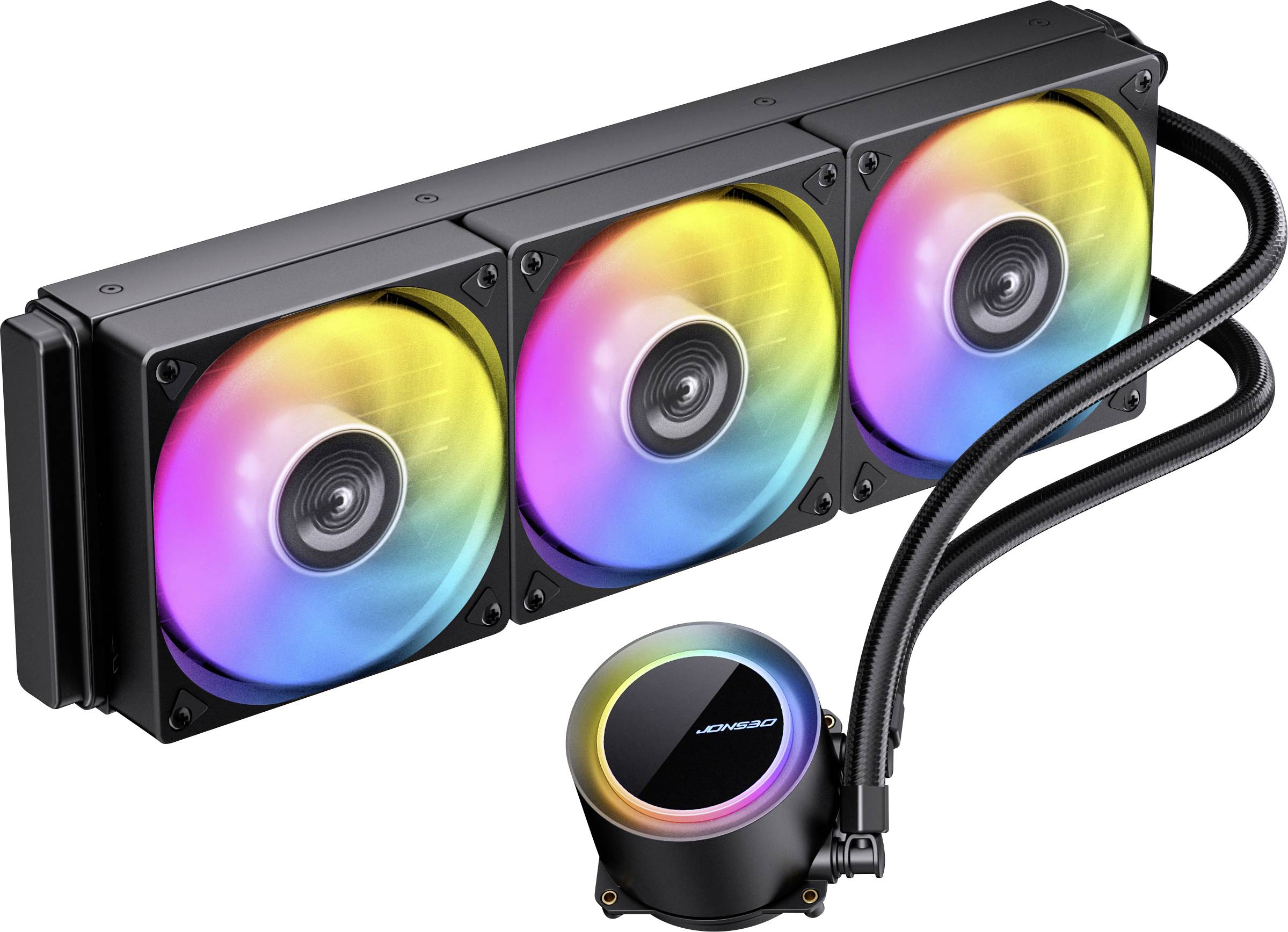 RGB systém vodného chladenia s tromi osvetlenými ventilátormi a hadicami, navrhnutý pre počítačový hardvér. Čierna jednotka s farebnými LED svetlami.