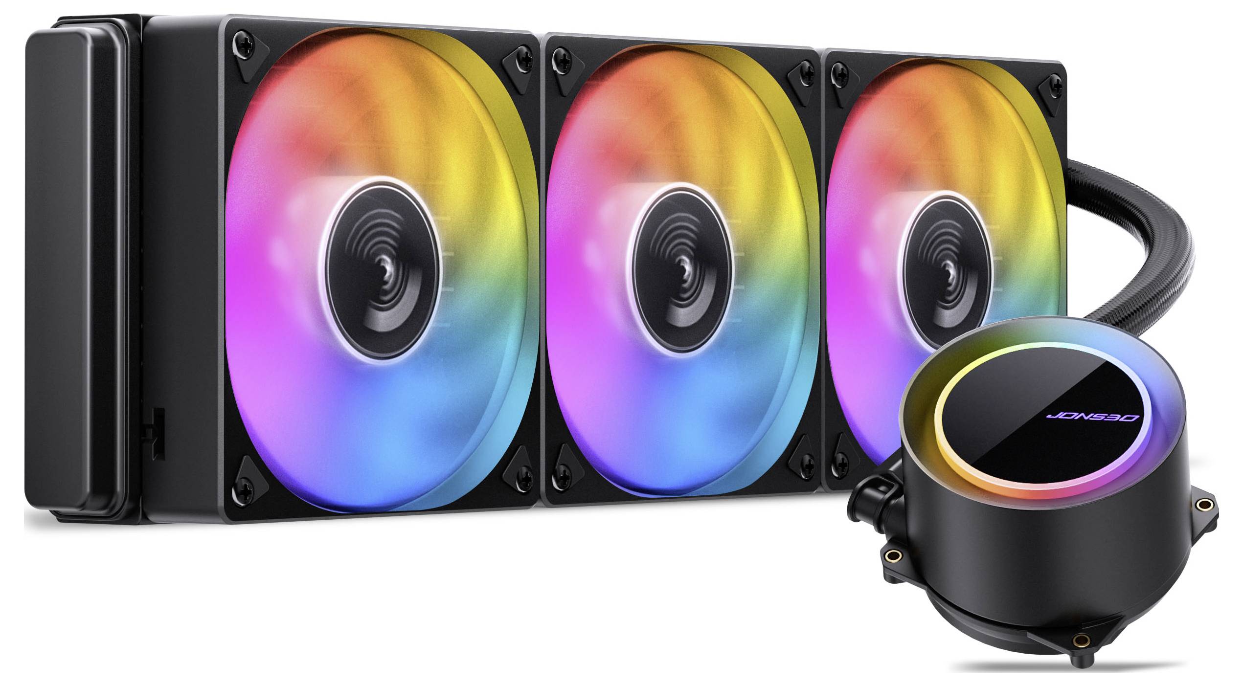 Chladič procesora s tromi ventilátormi a kvapalinovou technológiou s RGB podsvietením, pozostávajúci z prepojenej pumpy a elegantného radiátora.