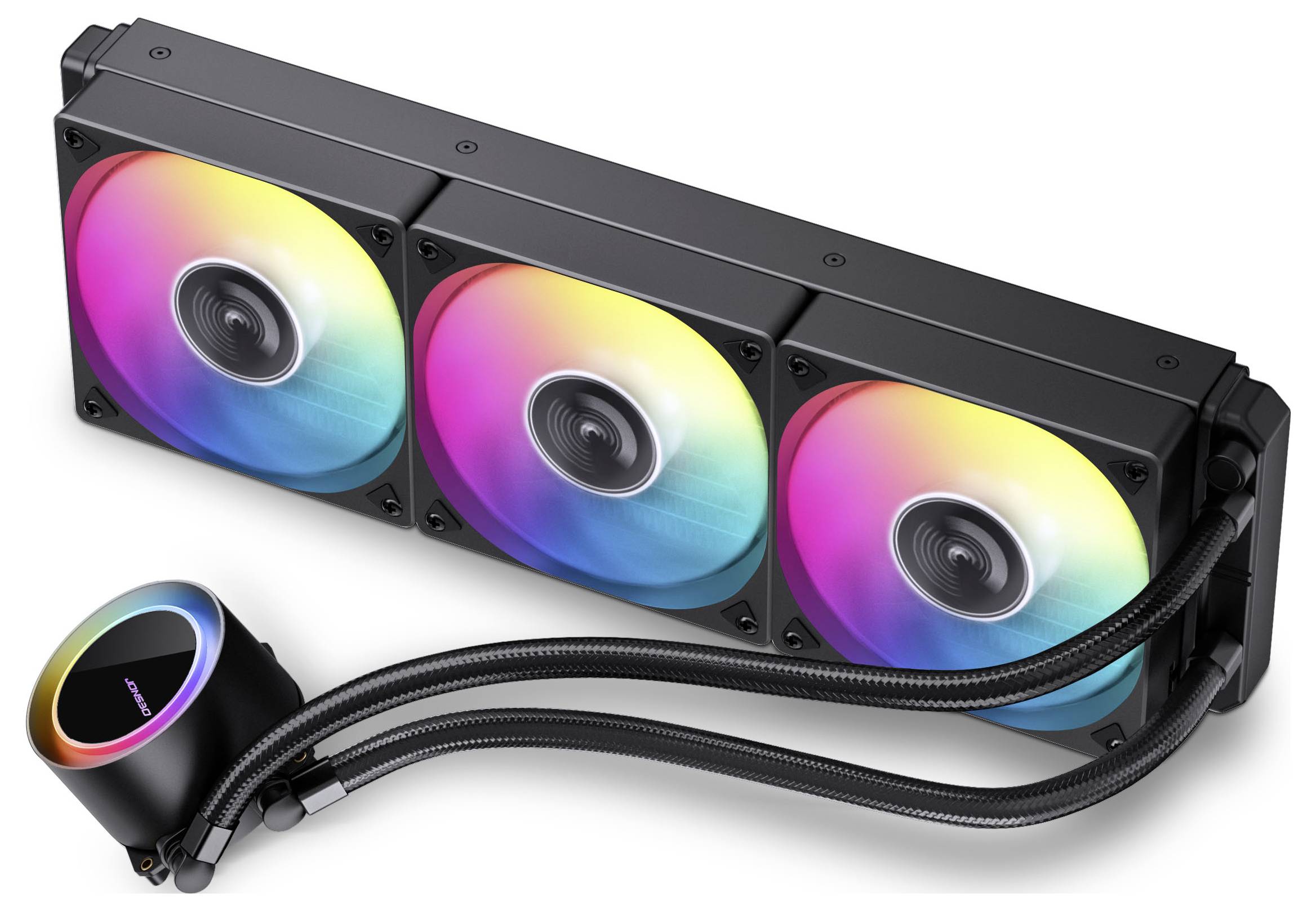 Počítačový systém kvapalinového chladenia s uzatvoreným okruhom a tromi RGB ventilátormi, vyznačujúci sa živými viacfarebným osvetlením a elegantným dizajnom hadíc.