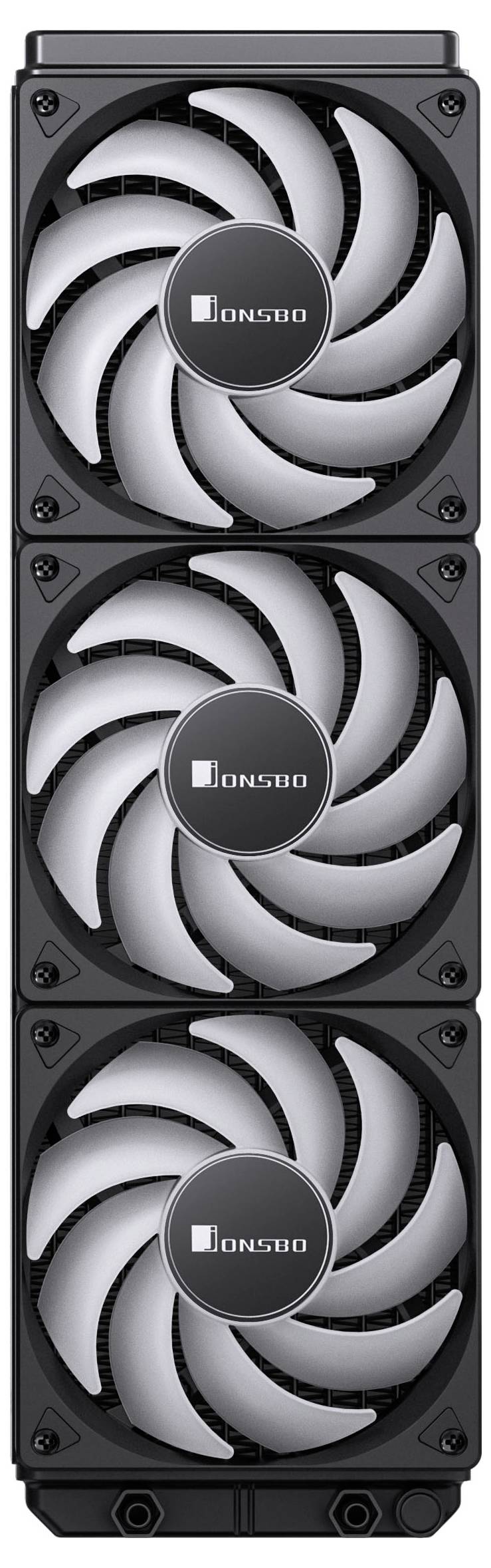 Trojventilátorový počítačový chladiaci systém s čiernym rámovaním a logom 'ONSBO' na každom ventilátore, navrhnutý pre efektívne odvod tepla.