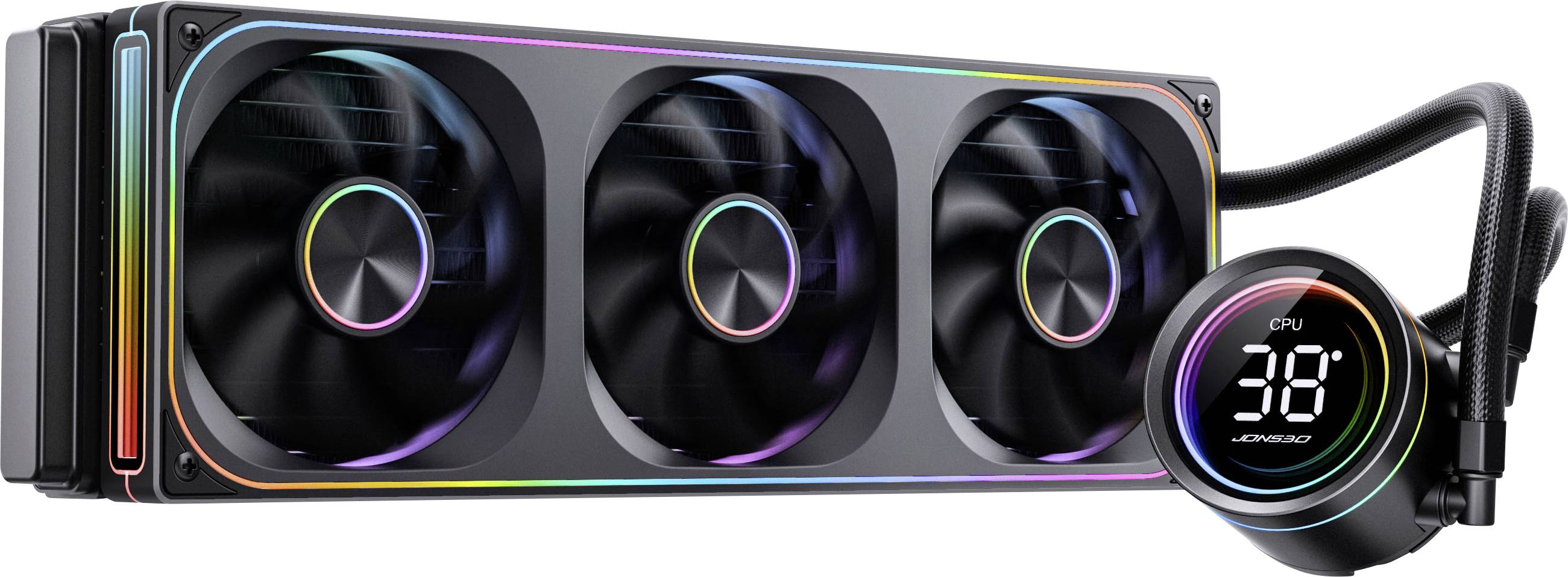 Kvapalinový chladič CPU s tromi veľkými ventilátormi a digitálnym displejom zobrazujúcim 'CPU 38 stupňov'. Ventilátory a displej majú RGB podsvietenie.
