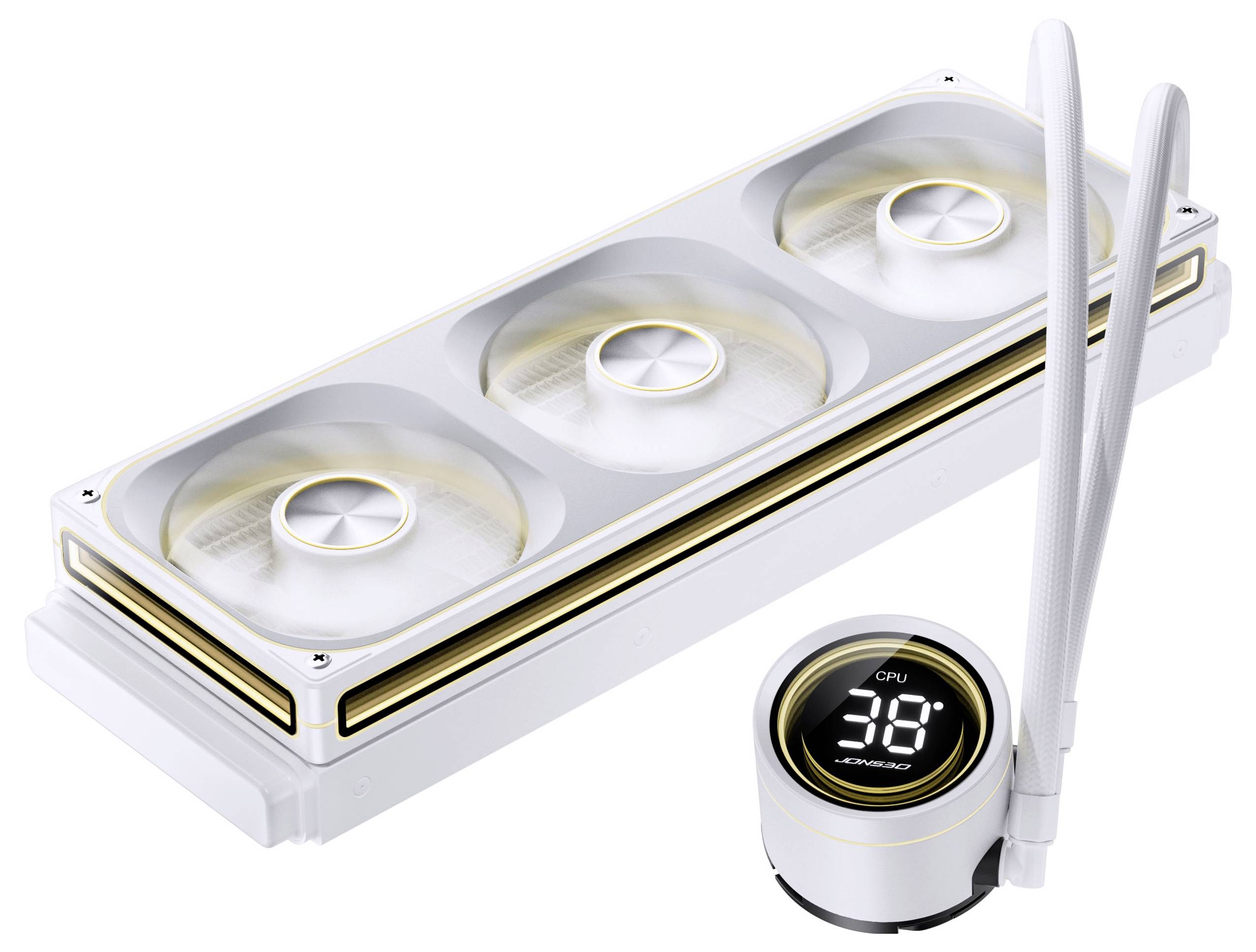 Biely chladiaci systém CPU s tromi ventilátorimí a digitálnym displejom zobrazujúcim "CPU 36°C". Zahŕňa dve biele chladiacie rúrky.