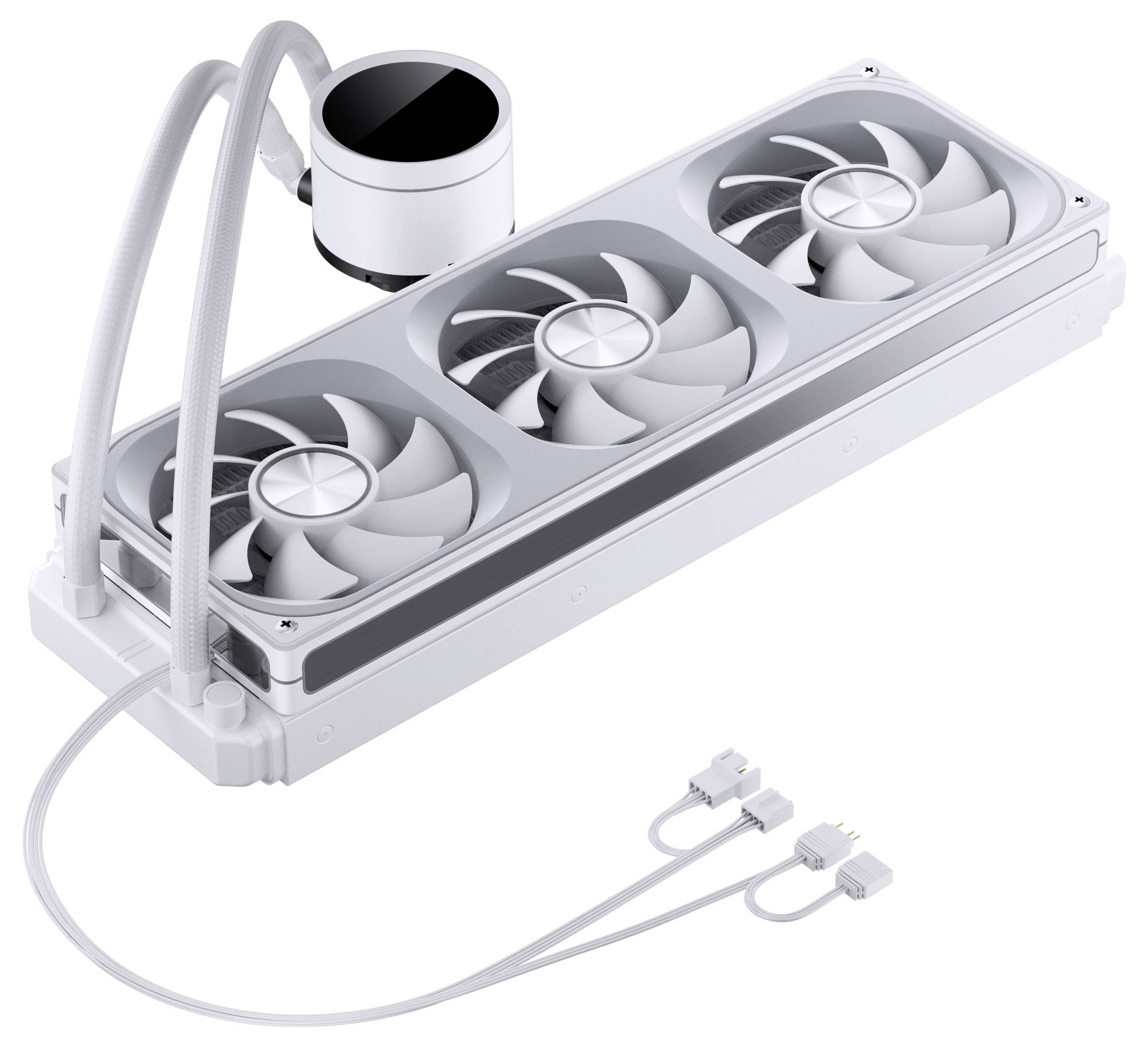 Biely systém na chladenie počítača kvapalinou s tromi ventilátormi a pripojenými hadičkami, navrhnutý na odvod tepla z počítačových komponentov.