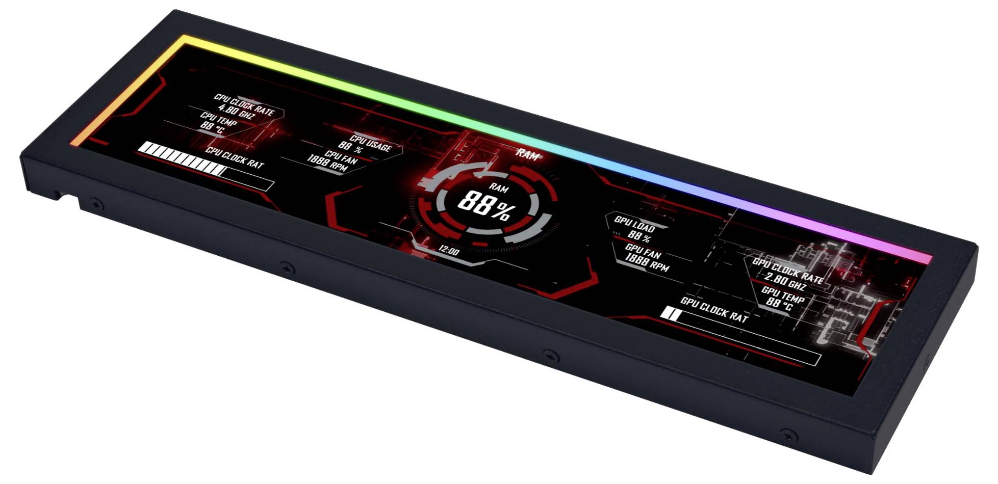Obdĺžnikový elektronický displej zobrazujúci systémové štatistiky: „RAM" na 88%, ukazovatele pre CPU a GPU, s farebnými akcentmi rámčeka.