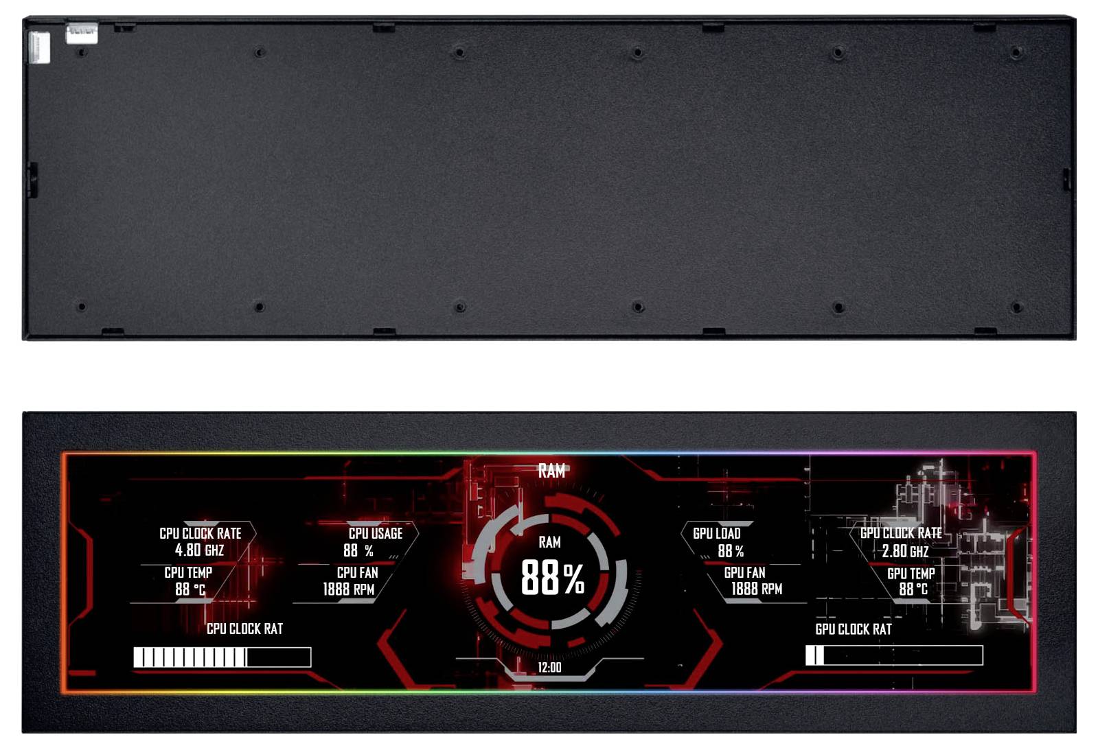 Panel RGB zobrazujúci využitie CPU, teplotu, rýchlosť ventilátora; využitie RAM na 88%. Obsahuje grafiku s technickým motívom s detailnými štatistikami systému.