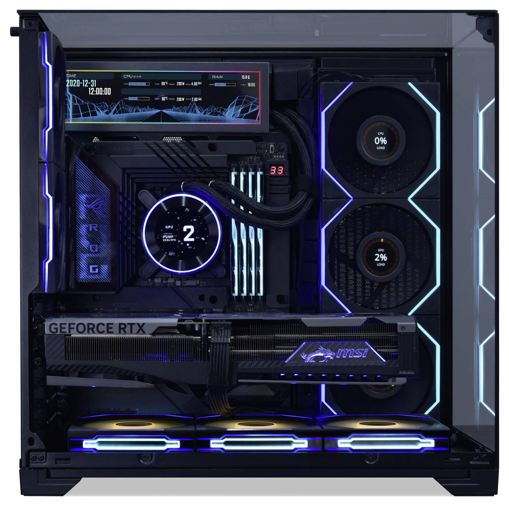 Herný počítač s LED svetlami v komponentoch, zobrazujúci matičnú dosku, chladiaci systém a grafickú kartu GeForce RTX.