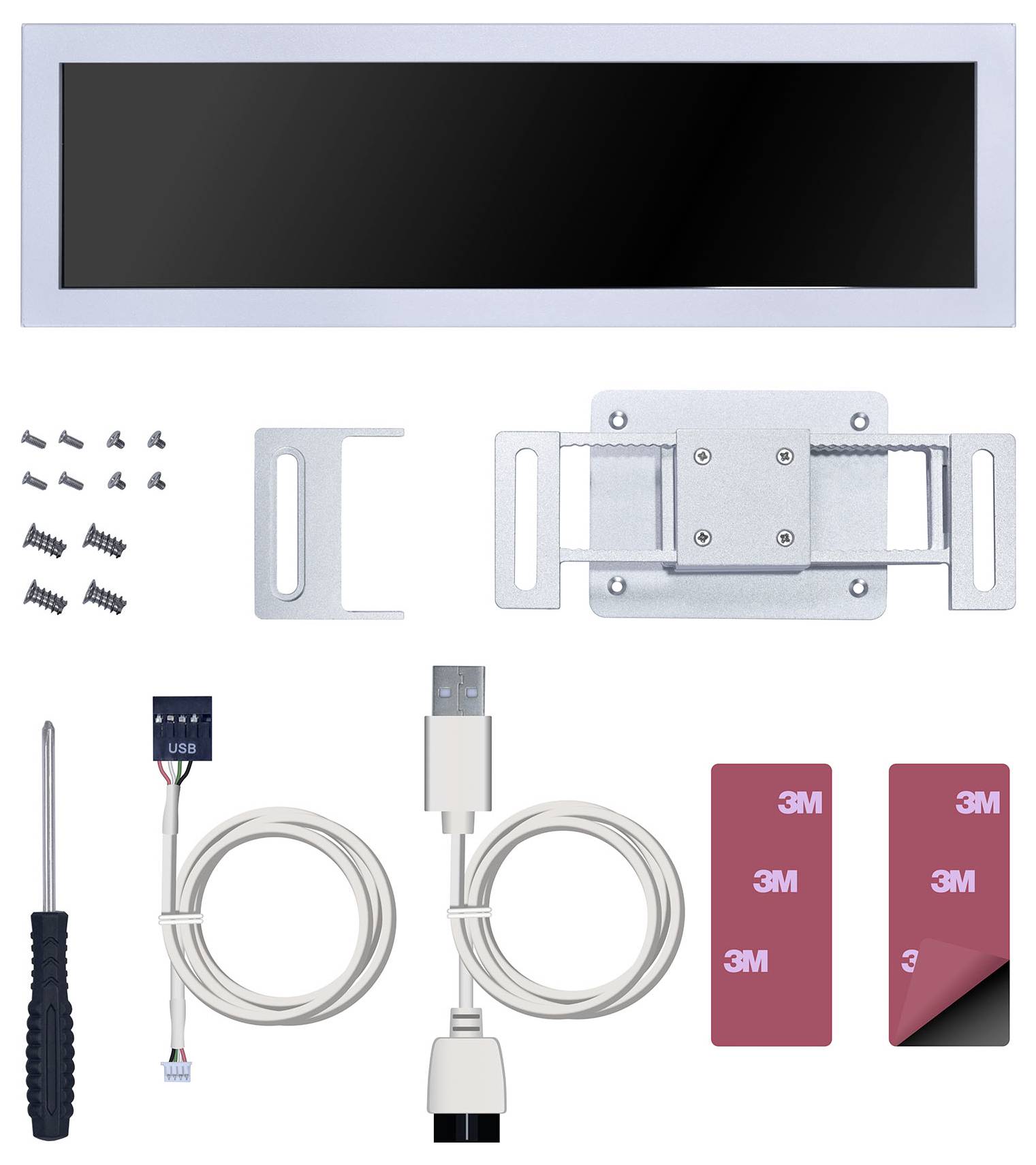 Elektronický displej s kompletom na montáž na stenu, vrátane montážnych konzol, skrutiek, skrutkovača a USB káblov na inštaláciu.