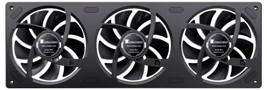 Tri čierne počítačové chladiace ventilátory namontované na obdĺžnikovom čiernom ráme, s centrálnym uzlom označeným DONGJIA.