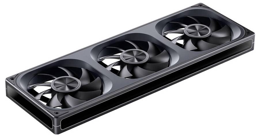 Čierna chladiaca zostava počítača s tromi ventilátormi, s elegantným obdĺžnikovým dizajnom určená na efektívne rozptyľovanie tepla v elektronických zariadeniach.