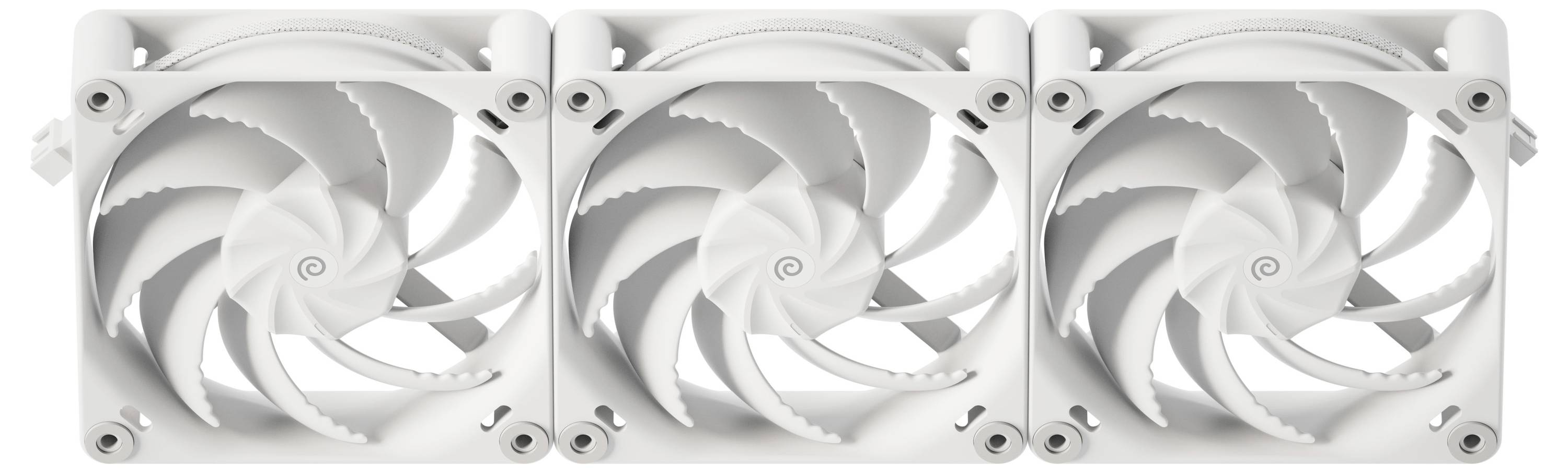 Tri biele chladiace ventilátory usporiadané horizontálne v rade, každý so špirálovým dizajnom lopatiek vnútri štvorcového rámu.