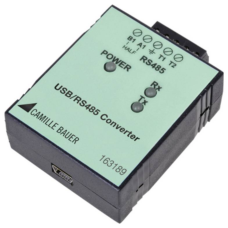 USB/RS485 konvertor s indikačnými svetlami označenými "NAPÁJANIE", "Rx" a "Tx". Používa sa na prevod USB signálov na RS485, číslo modelu 163189.