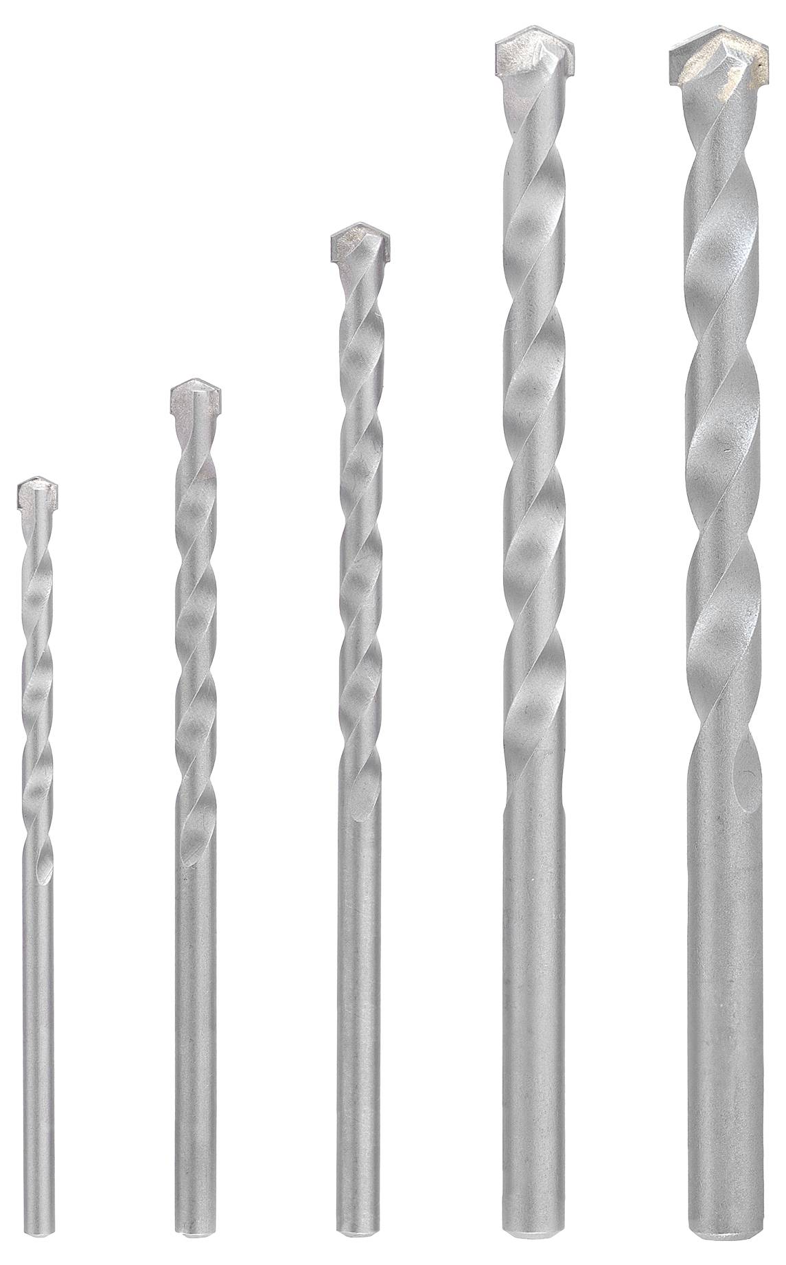 Päť strieborných, špirálovo tvarovaných vrtákov rôznych dĺžok je usporiadaných vertikálne od najkratšieho po najdlhší, používaných na vŕtanie otvorov.