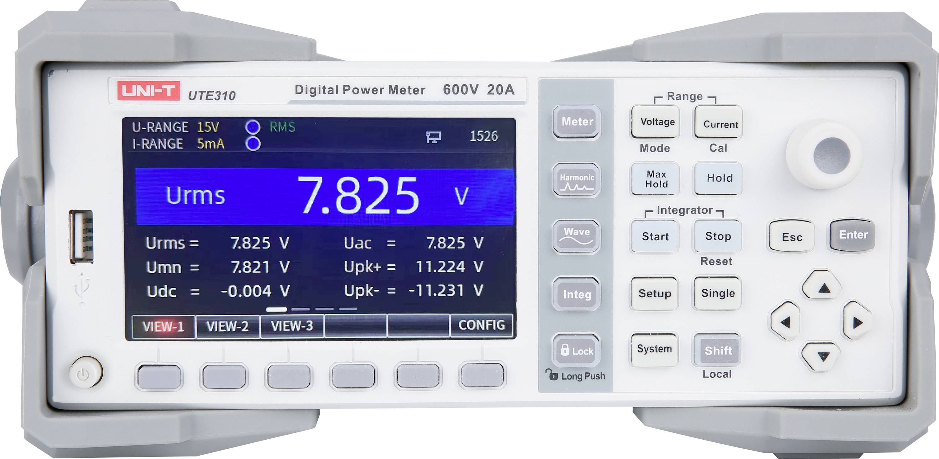 Digitálny elektromer zobrazuje údaj 'Urms 7,825 V' a umožňuje konfiguráciu rôznych parametrov elektrických meraní.