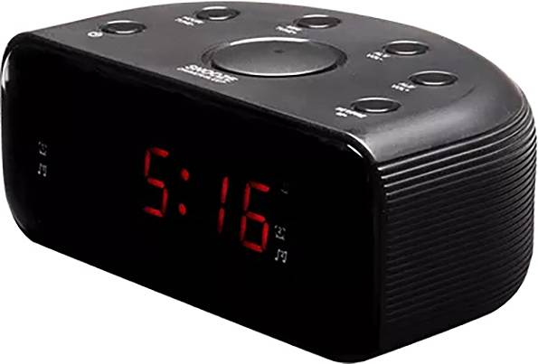 Digitálny budík zobrazuje čas '5:16' na červeno. Na vrchu hodín sú tlačidlá na nastavenie a funkciu driemok.