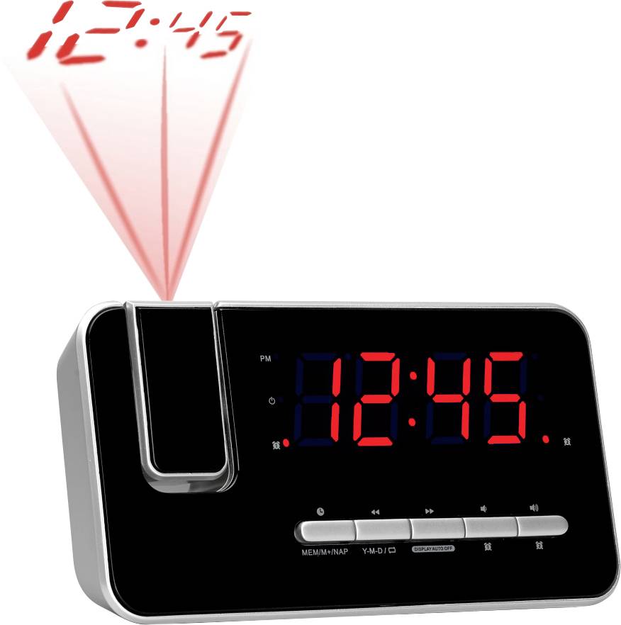 Digitálny budík premietajúci čas '12:45' červenou farbou na povrch. Displej hodín takisto zobrazuje čas '12:45' červenou farbou.