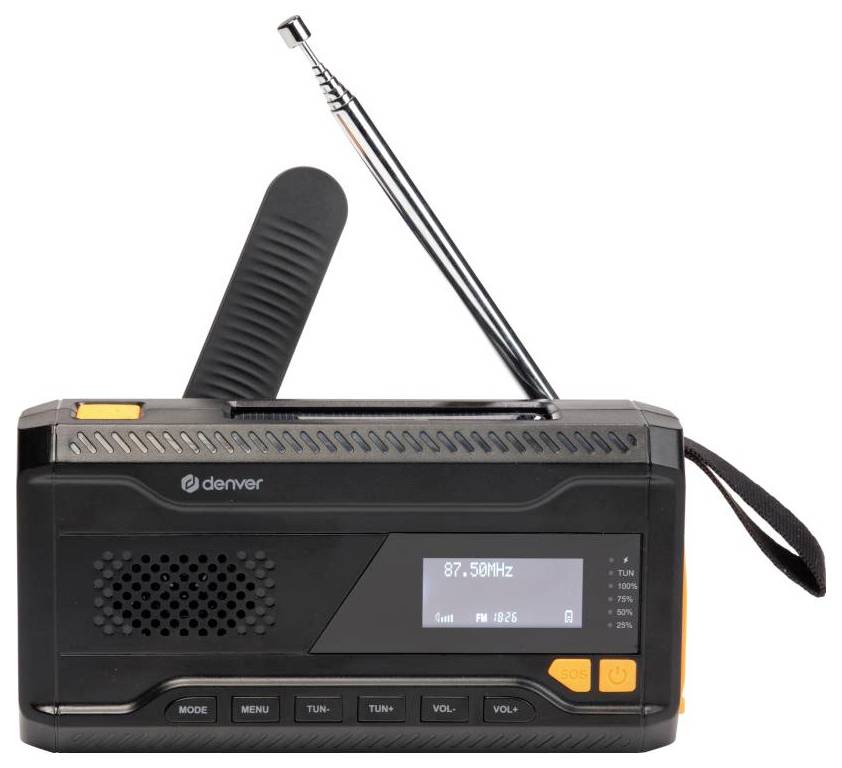 Čierne prenosné rádio s digitálnym displejom zobrazujúcim '87,5 MHz'. Má rukoväť a vysunutú teleskopickú anténu, s ovládacími tlačidlami pod ňou.