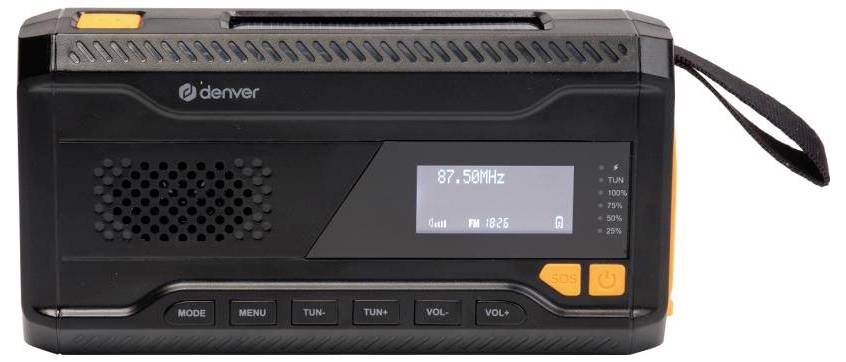 Čierny prenosný rádioprijímač s digitálnym displejom zobrazujúcim '87.50MHz', tlačidlami pre napájanie, režim, menu, ladenie a hlasitosť, a s nosným popruhom.