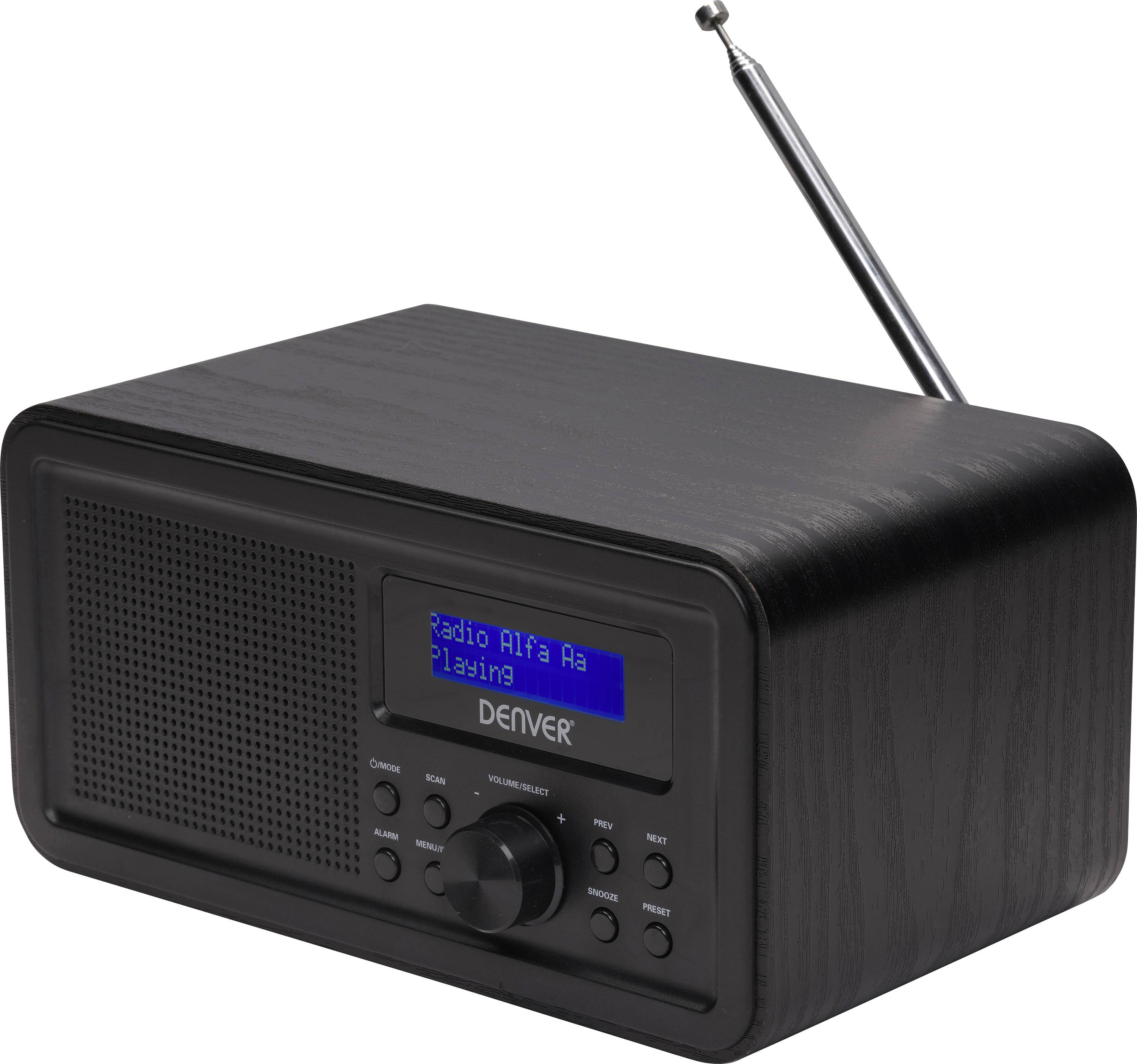 Čierna stolná rádiostanica s vysunutou anténou a digitálnym displejom zobrazujúcim 'Radio Alfa Aa, Hrá'. Na prednej strane sú ovládacie tlačidlá a reproduktor.