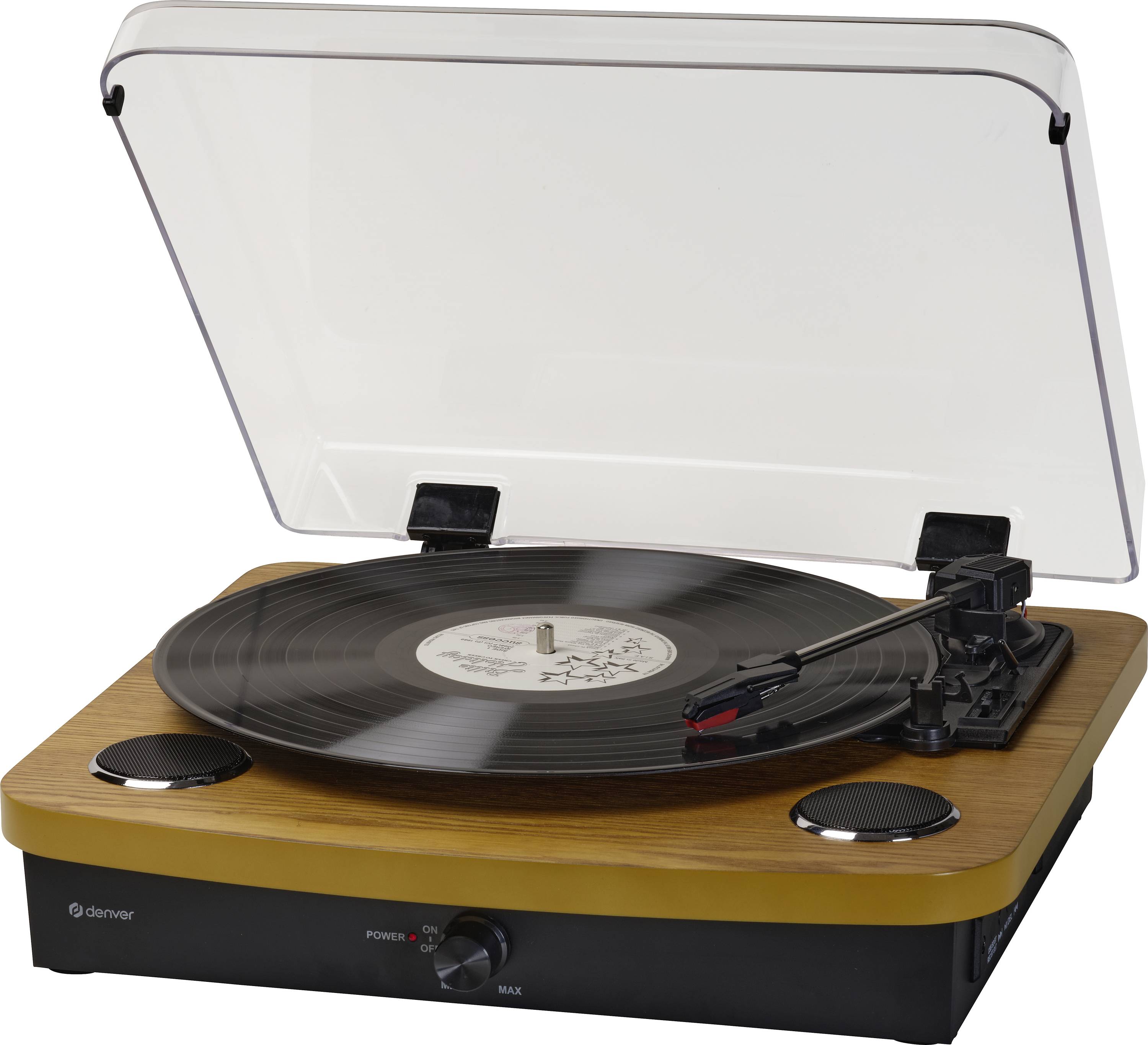 Drevený gramofón s priehľadným krytom prehráva vinylový záznam. Rameno drží ihlu nad otáčajúcim sa záznamom. Dva reproduktory sú integrované.
