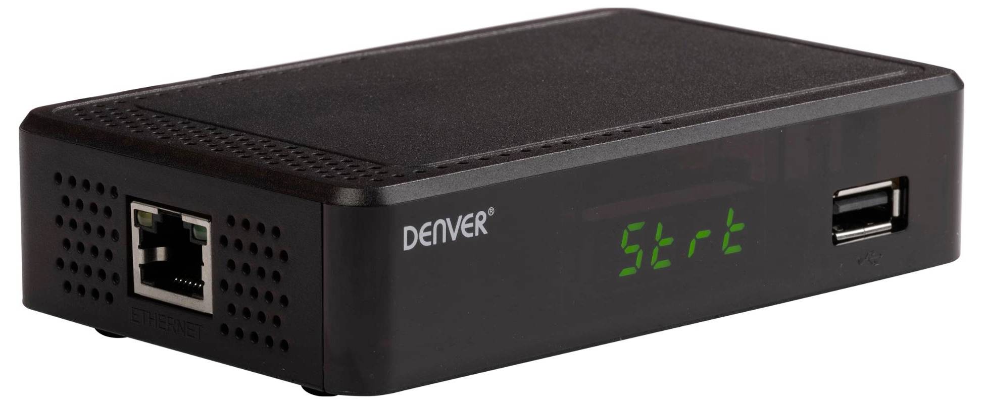 Digitálne zariadenie značky 'DENVER' v čiernej farbe s ethernetovým portom, USB portom a zeleným LED displejom zobrazujúcim 'Str-t'.