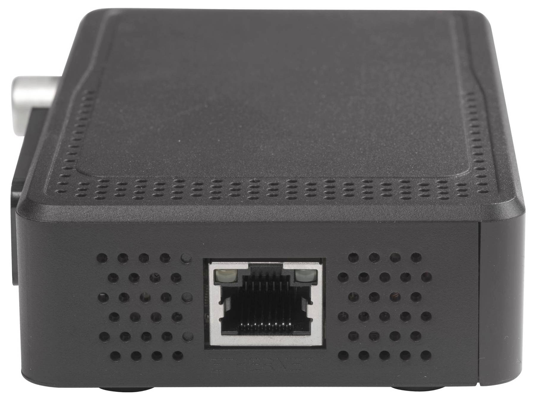 Čierny elektronický prístroj má ethernetový port vpredu, ktorý sa používa na pripojenie do siete.