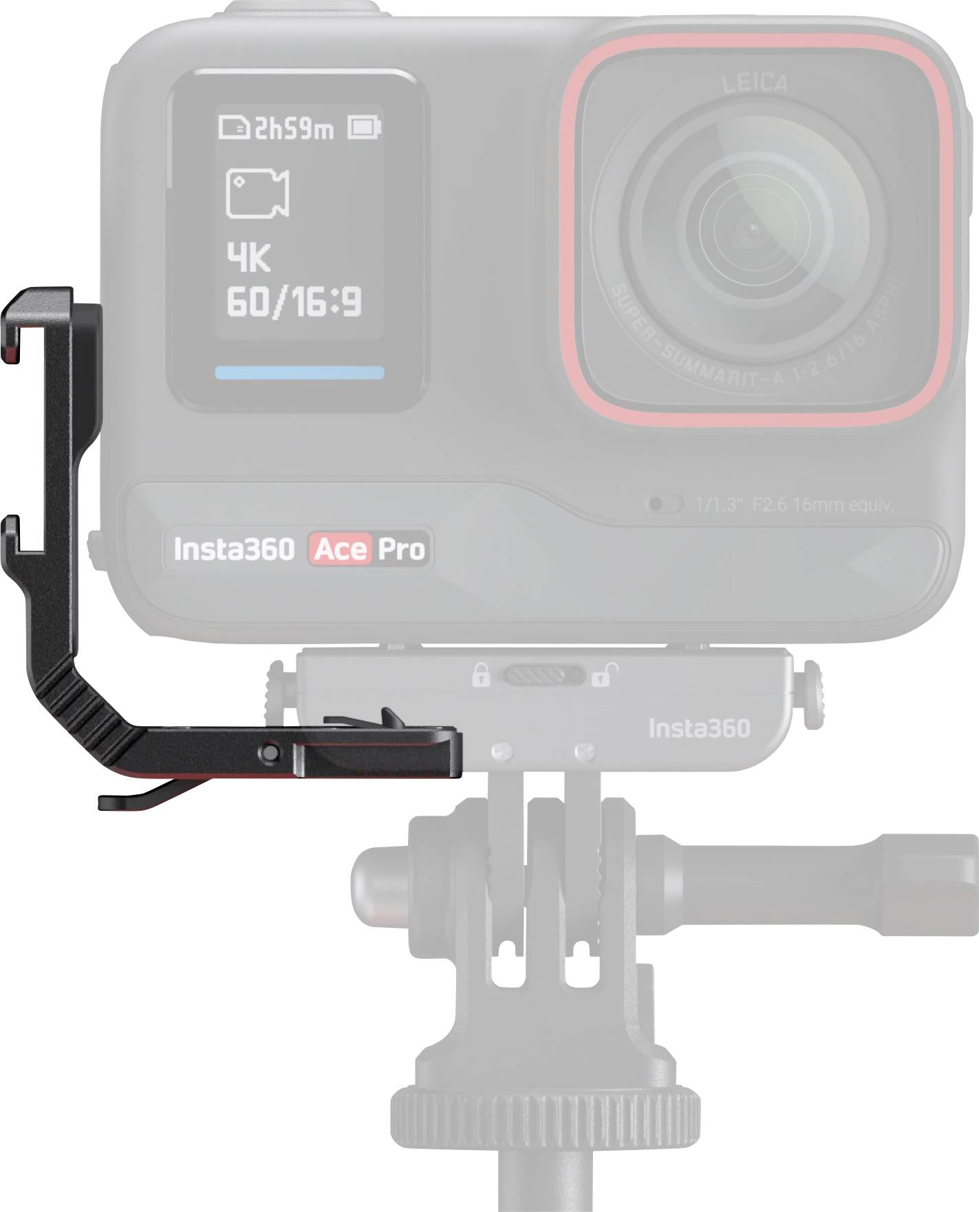 Kamera Insta360 na statíve, zobrazuje '4K 60/16:9' a indikátor batérie '2h59m'. Na boku je viditeľný čierny montážny držiak.