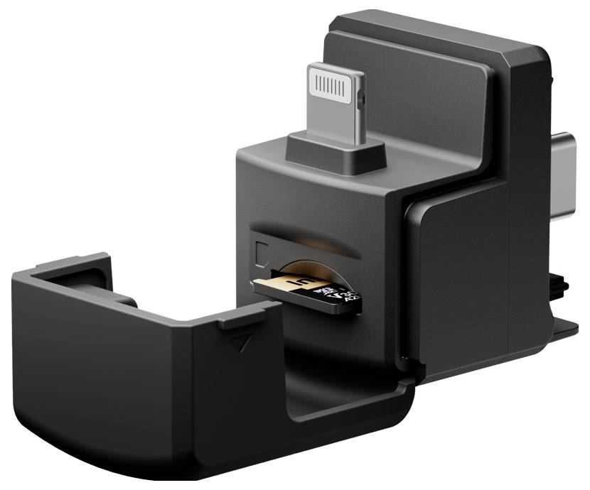 Čierna čítačka SD kariet s viacerými portami, vrátane USB a Lightning konektora, s vloženou SD kartou.