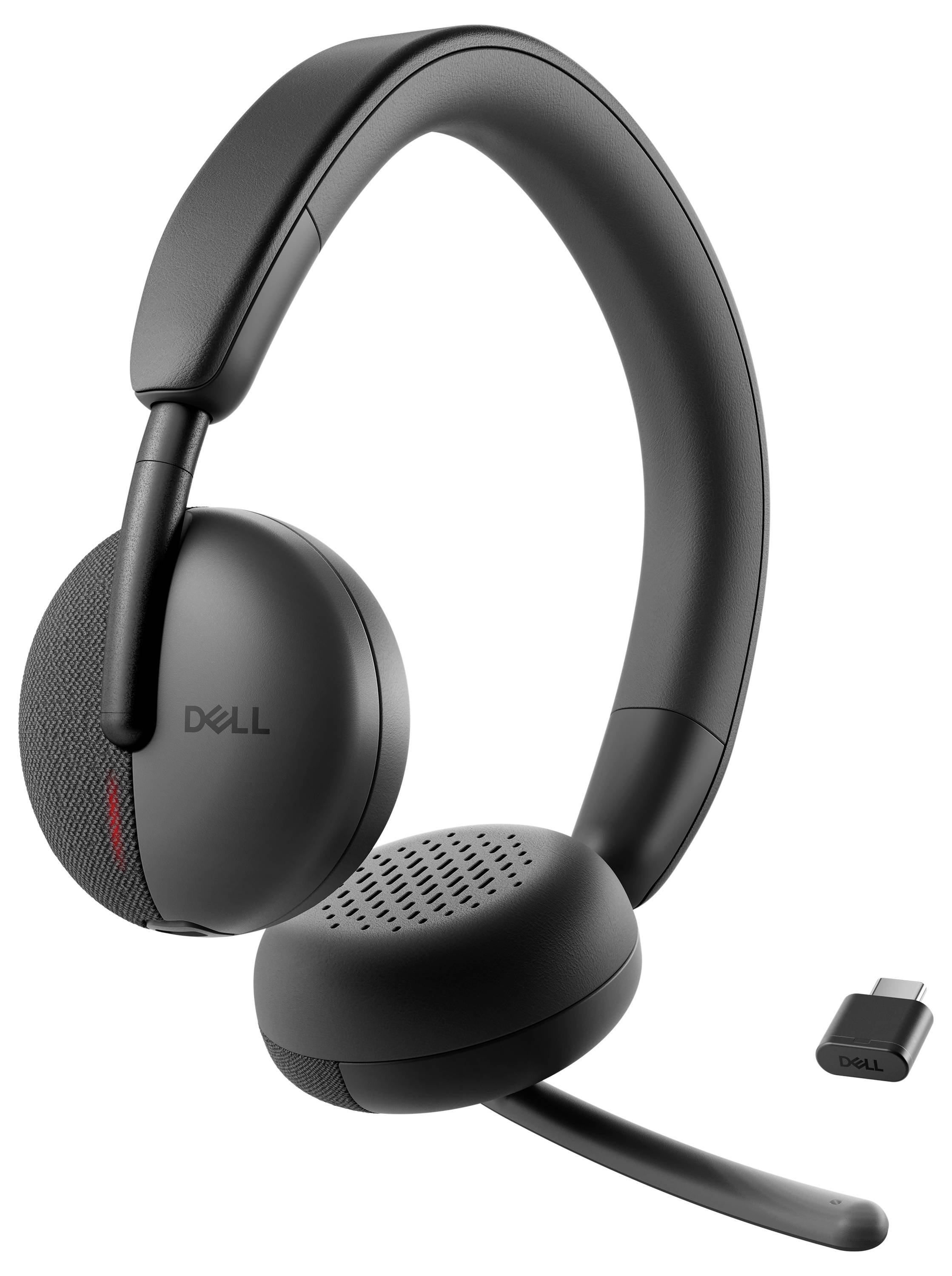 Čierna bezdrôtová headset Dell s dizajnom over-ear a pripojeným mikrofónom, zobrazená s malým USB-C prijímačom pre pripojenie.
