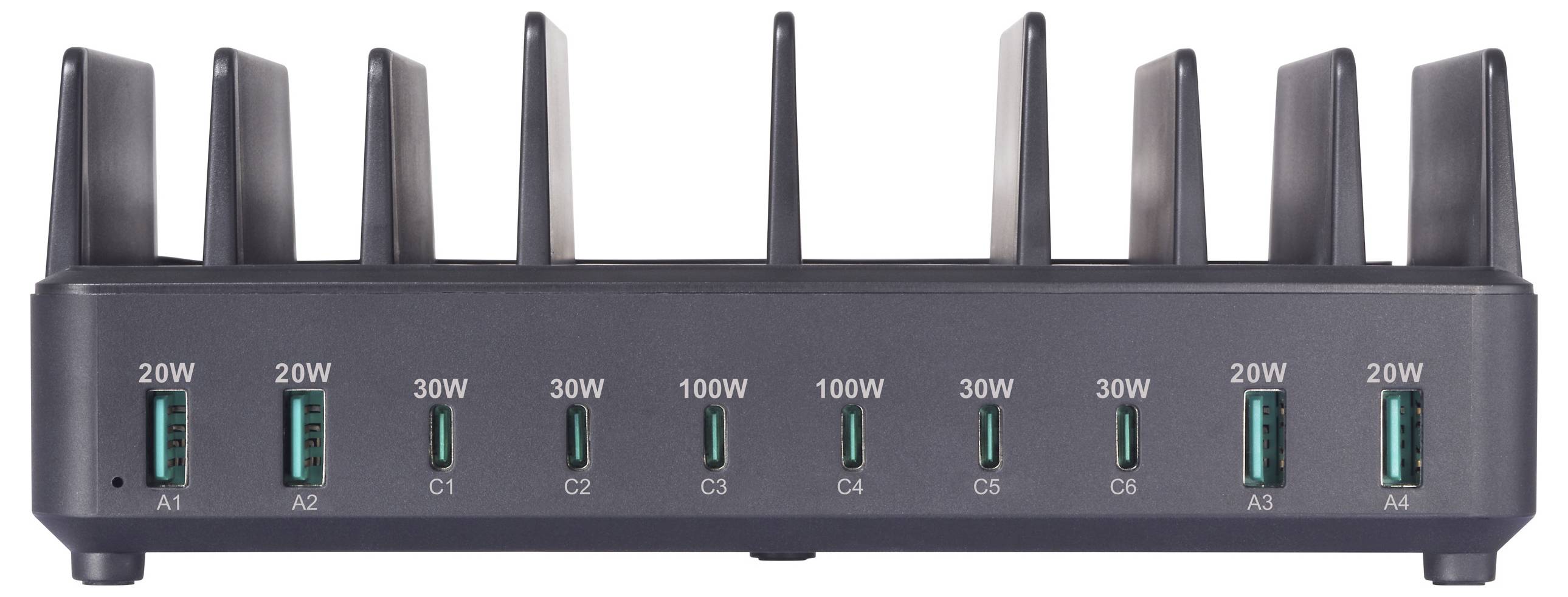 Multifunkčná nabíjacia stanica s ôsmimi USB portami označenými A1 až C4, ktorá ponúka rôzne výstupné výkony od 20W do 100W.