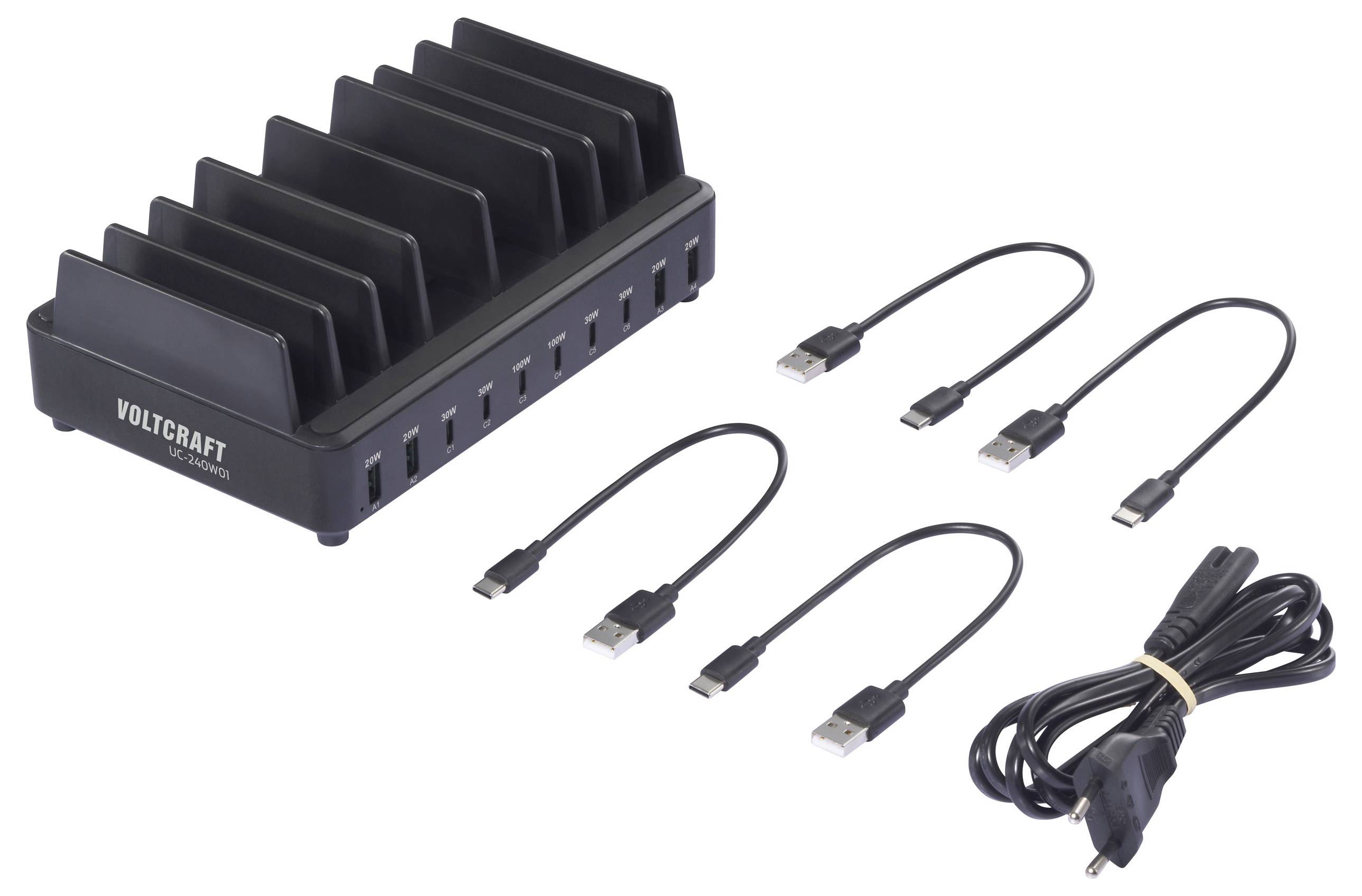 Čierna multifunkčná USB nabíjacia stanica so siedmimi slotmi, štyrmi USB káblami a napájacím káblom. Vhodná na nabíjanie viacerých zariadení.