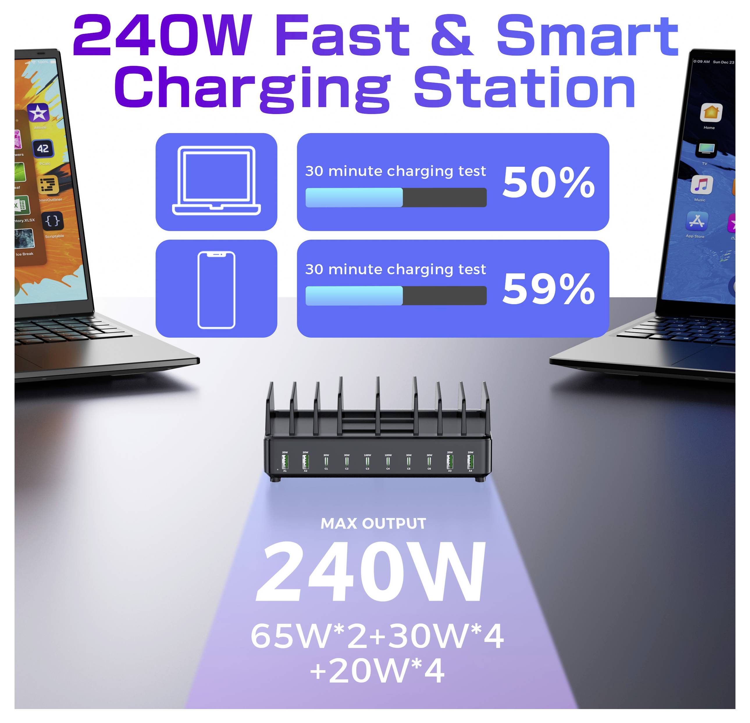 "240W rýchla a inteligentná nabíjacia stanica" medzi dvoma laptopmi, zobrazujúca porovnanie nabíjacích percentál: 50% a 59% za 30 minút.