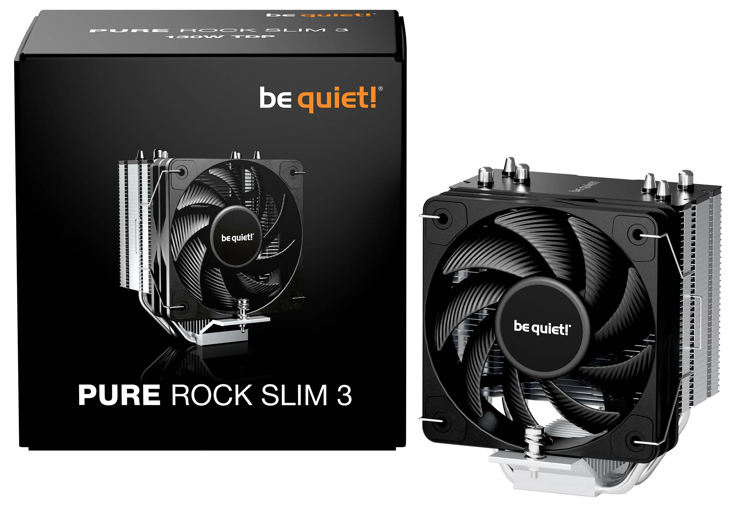 Buď ticho! Chladič CPU Pure Rock Slim 3 zobrazený so svojím obalom. Čierny ventilátor so strieborným chladičom, navrhnutý pre efektívne chladenie.