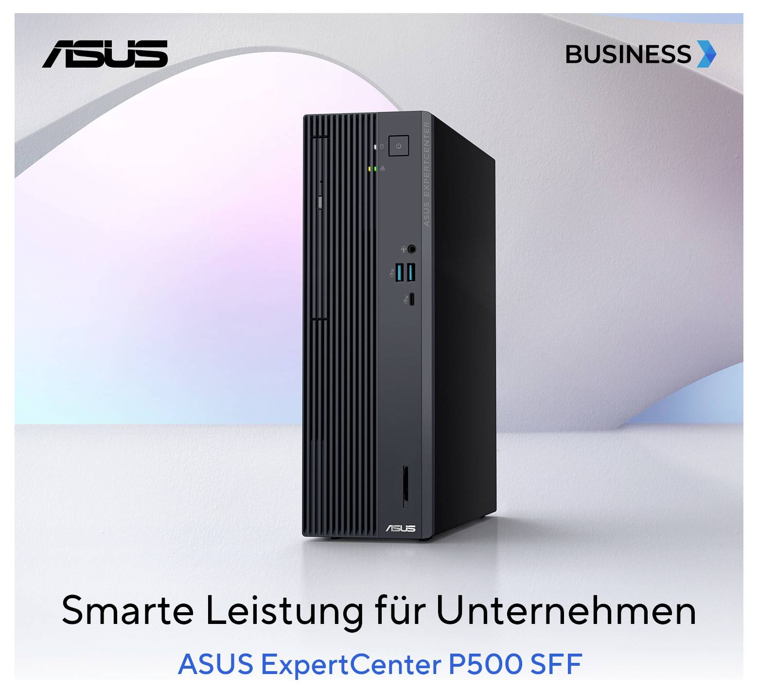 ASUS ExpertCenter P500 SFF stolový počítač. Text znie "Inteligentný výkon pre podniky"