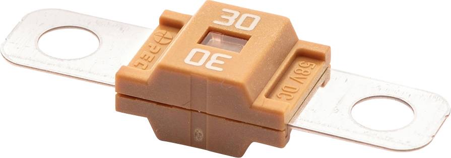 Oranžová automobilová nožová poistka s hodnotou 30 ampérov, s kovovými terminálmi na oboch stranách, používaná na ochranu elektrických obvodov vo vozidlách.