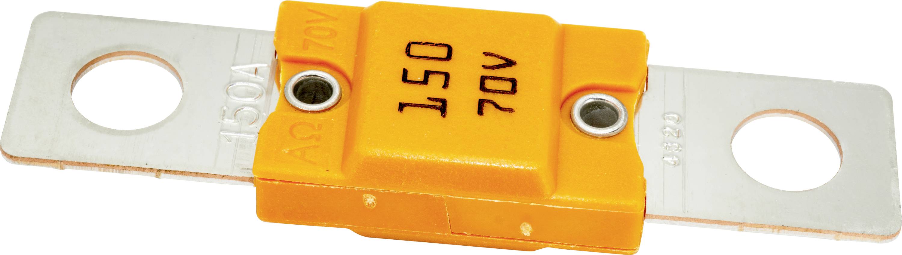 Oranžová nožová poistka 150 A, 70 V s kovovými svorkami na oboch stranách, používaná na ochranu elektrického obvodu.