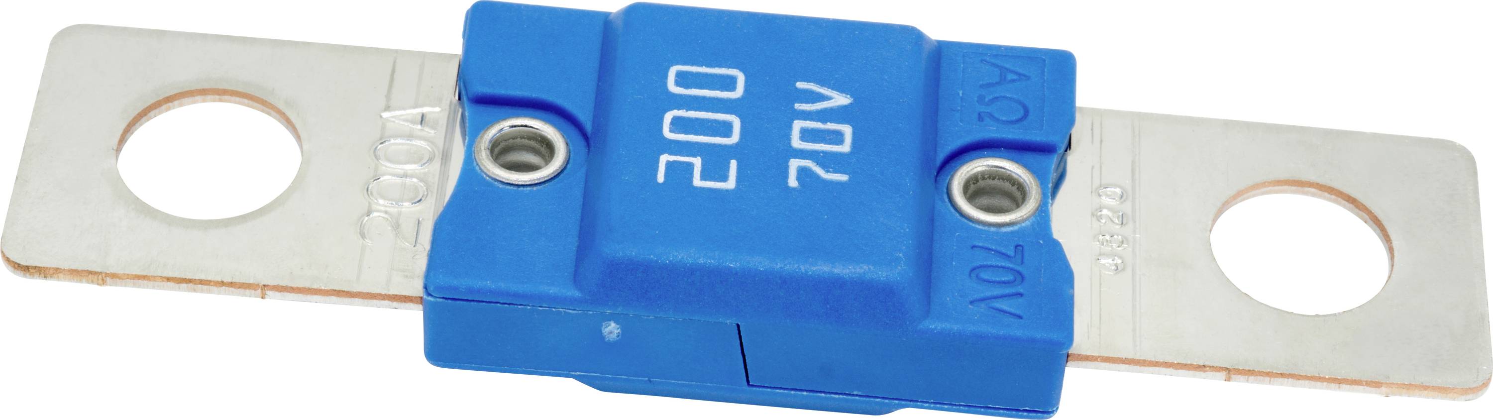 Detailný záber poistky modrej farby s hodnotou 200A s kovovými konektormi na oboch stranách. Poistka je označená nápismi '200', '70V' a 'A3'.